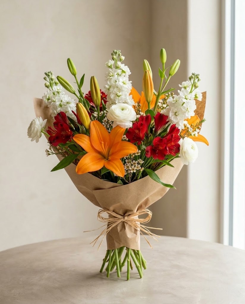 Ramo de flores multicolor con lirios naranjas, rosas blancas y flores rojas, envuelto en papel kraft.