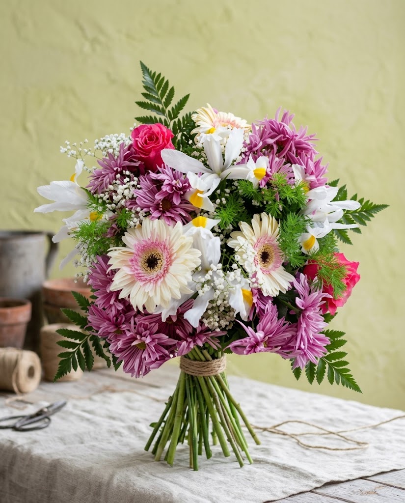 Ramo colorido de flores silvestres y gerberas, con rosas y lirios, atado con cuerda.