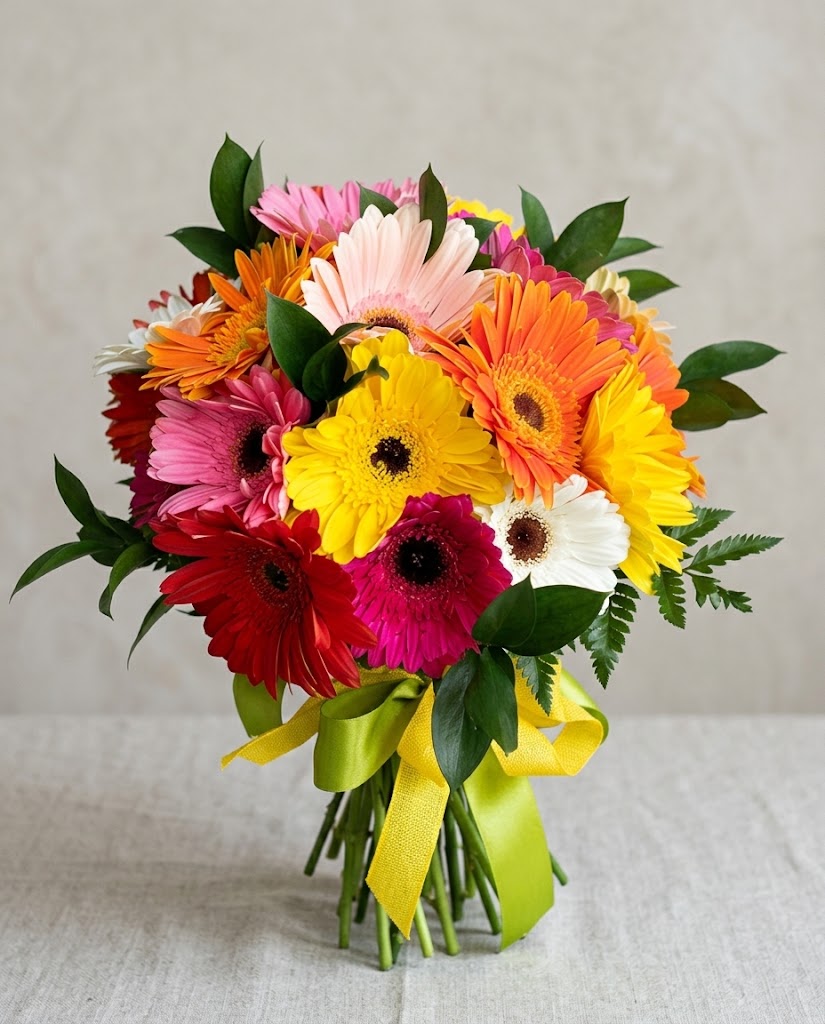 Ramo de flores multicolor con gerberas y cintas verdes y amarillas sobre fondo claro.