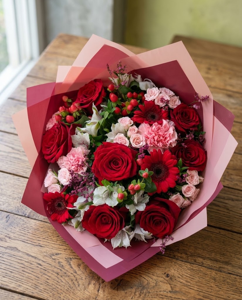 Ramo de flores rojas y rosadas con rosas, gerberas y bayas envuelto en papel rosa sobre mesa de madera.