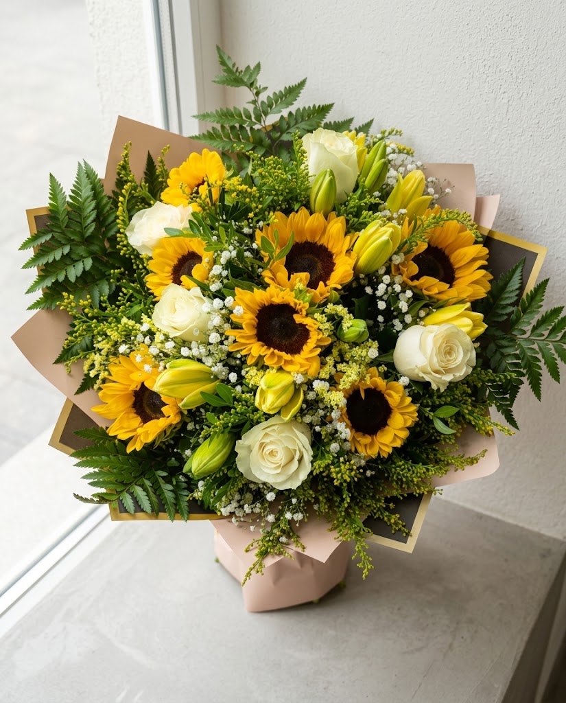 Ramo grande de girasoles y rosas amarillas con follaje verde, envuelto en papel beige.