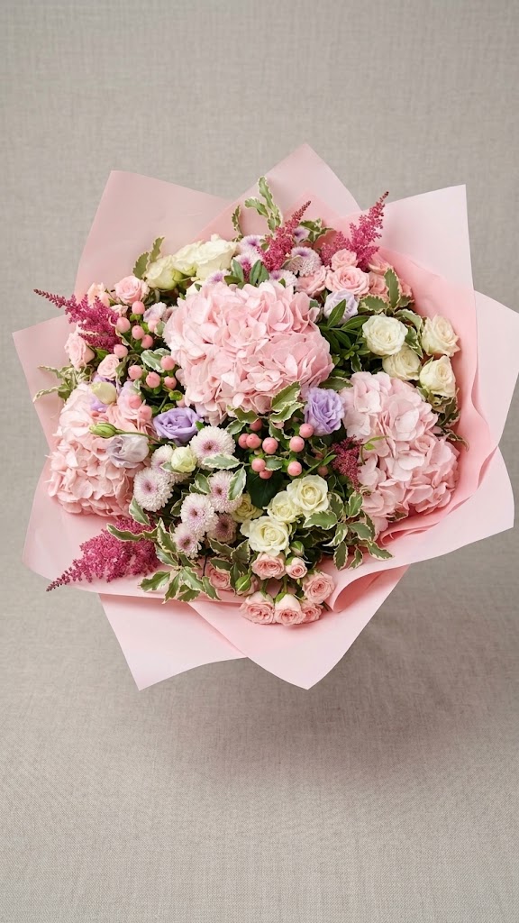 Ramo grande de flores rosadas y blancas con envoltorios de papel rosa, sobre fondo beige.