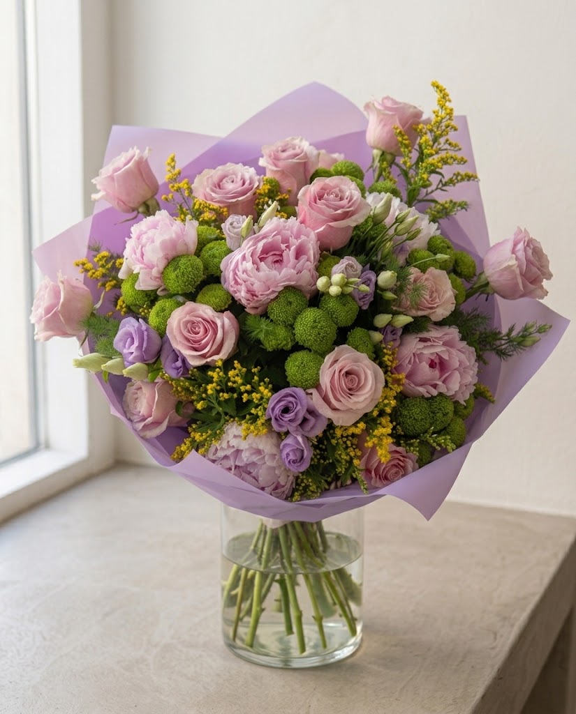 Ramo de rosas rosadas y flores moradas con follaje verde, envuelto en papel lila, en jarrón de vidrio.
