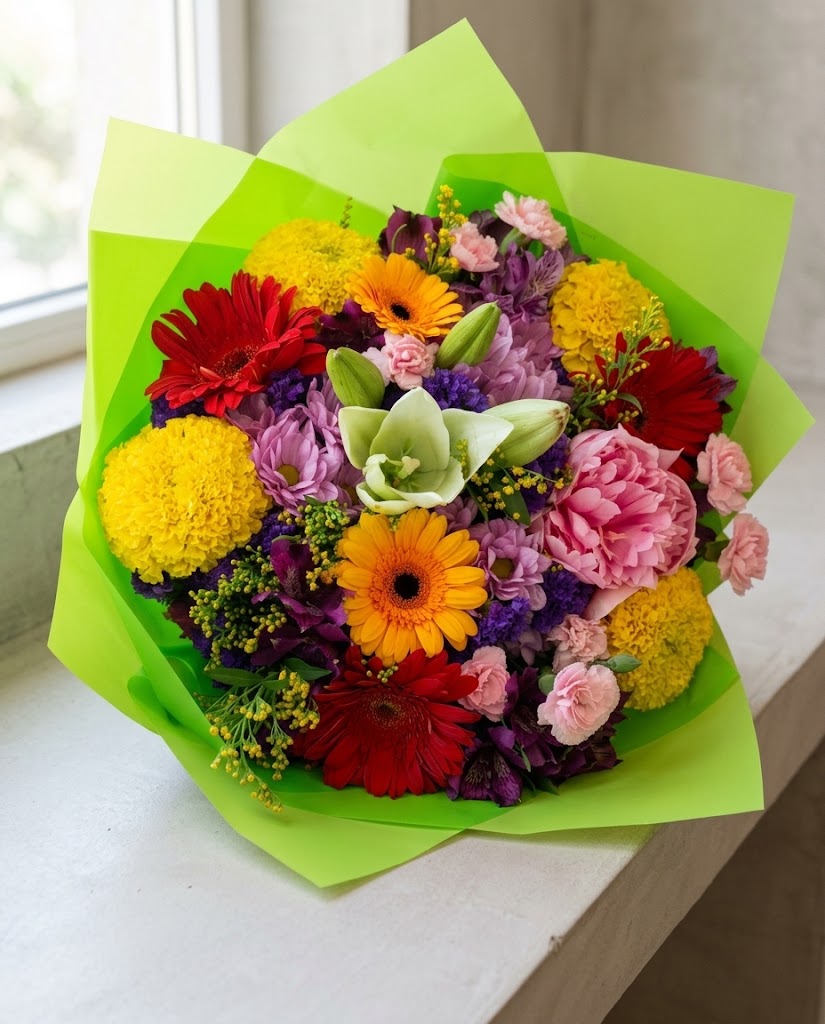 Ramo colorido de flores multicolores envuelto en papel verde, con gerberas, claveles y orquídea blanca.