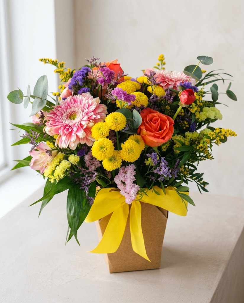 Ramo colorido de flores con gerberas, rosas, margaritas amarillas y lazos amarillos en bolsa de papel.