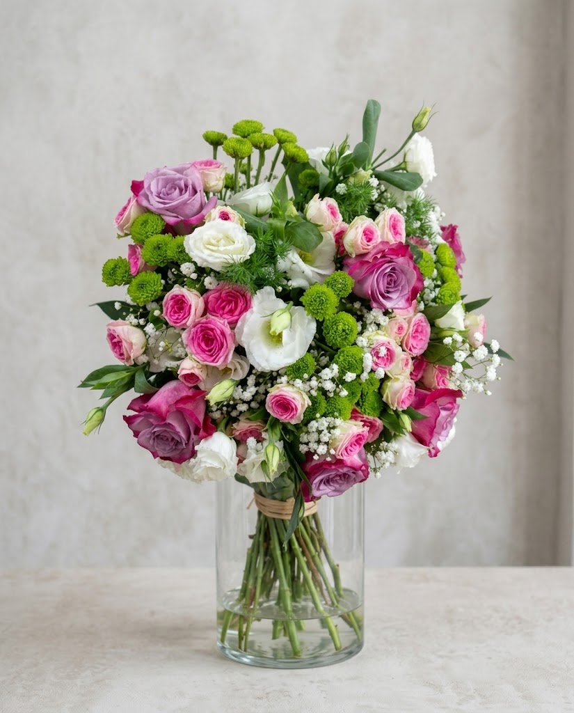 Ramo de rosas rosadas y lilas, flores blancas y verdes, en jarrón de vidrio sobre fondo claro.
