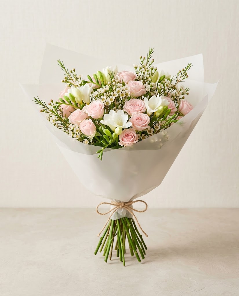 Ramo de rosas rosadas y blancas con flores pequeñas, envuelto en papel blanco, atado con lazo.