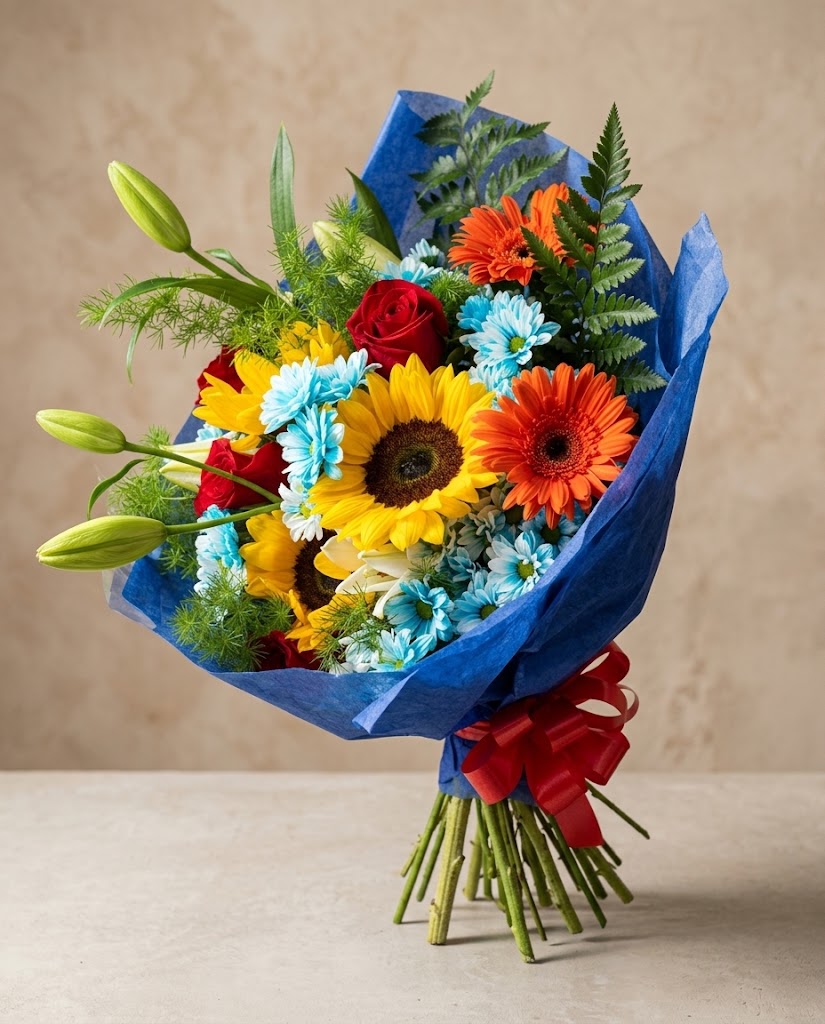 Ramo colorido de flores con gerberas, rosas y margaritas azules, envuelto en papel azul y lazo rojo.
