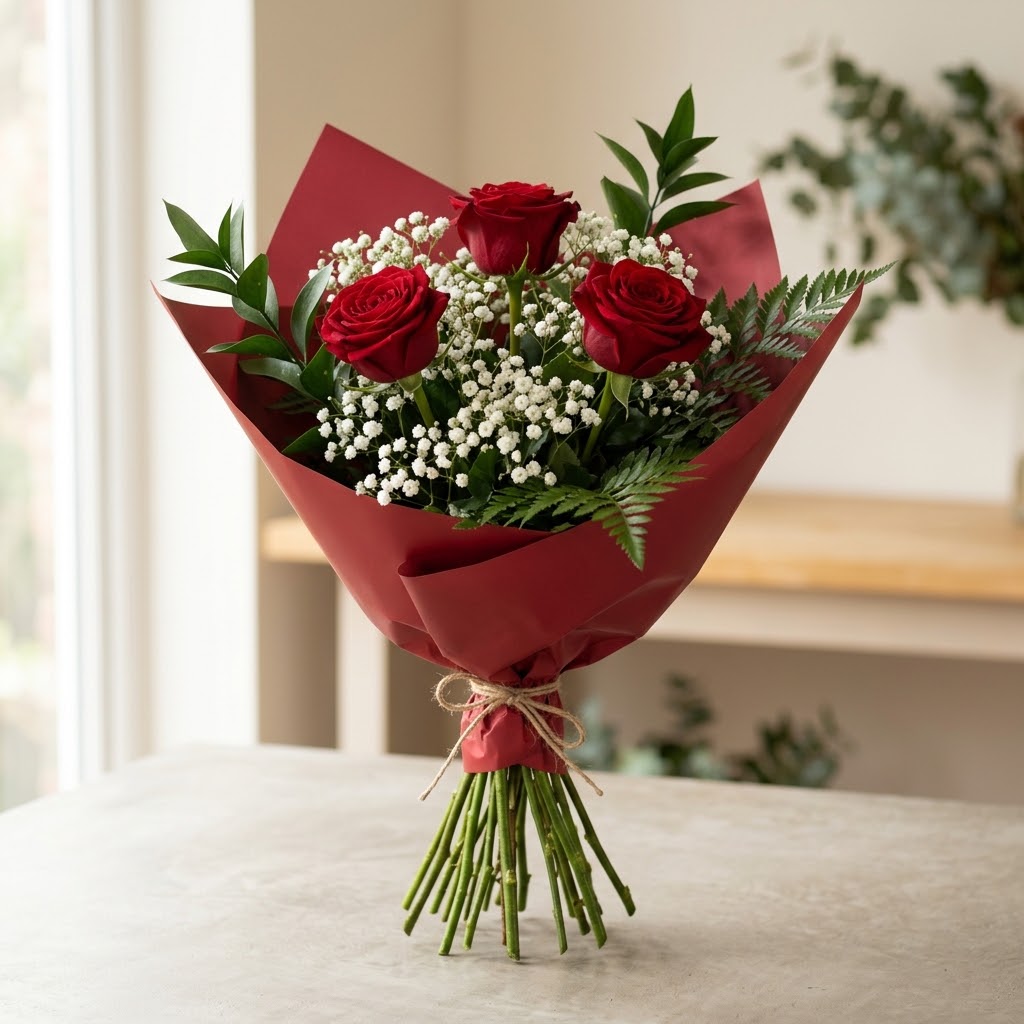 Ramo de rosas rojas y flores blancas con follaje verde, envuelto en papel rojo, atado con lazo.