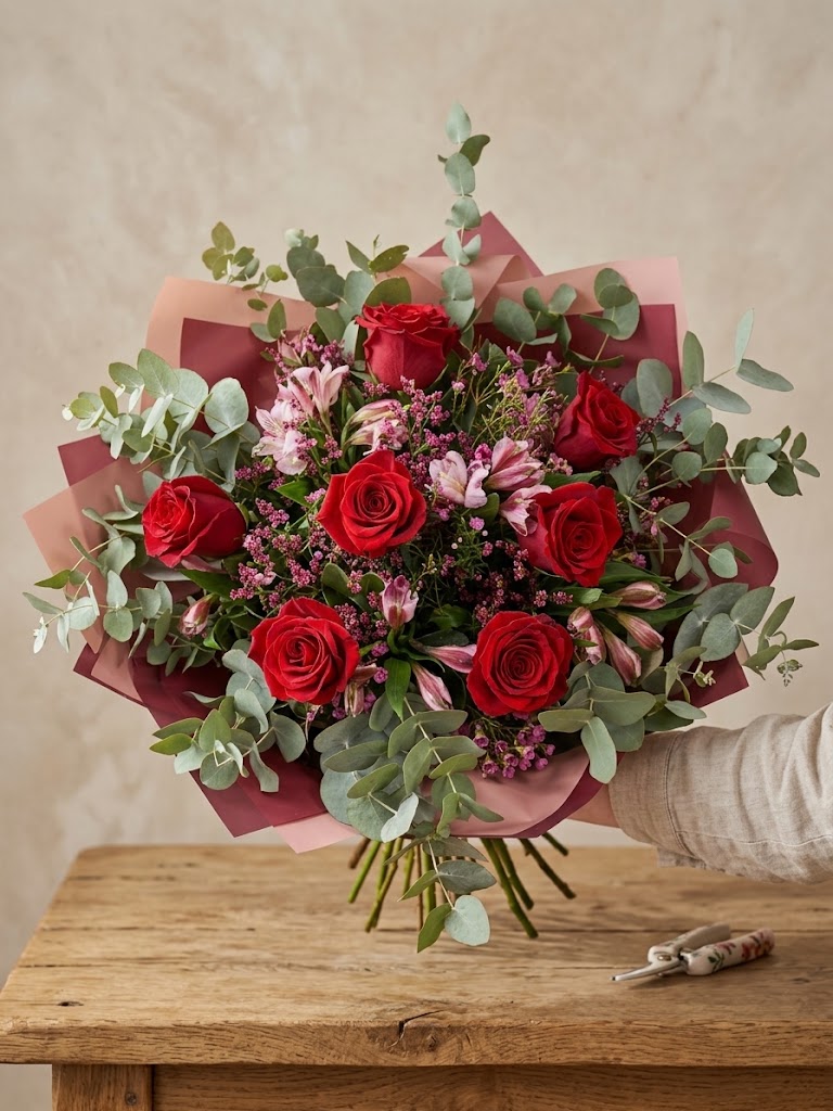 Ramo grande de rosas rojas y flores rosadas con eucalipto, envuelto en papel rosa, sobre mesa de madera.