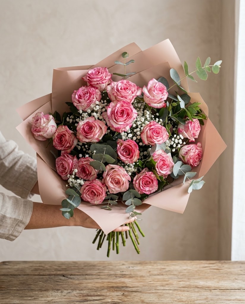 Ramo de rosas rosadas y blancas con eucalipto, envuelto en papel beige, sostenido por manos.