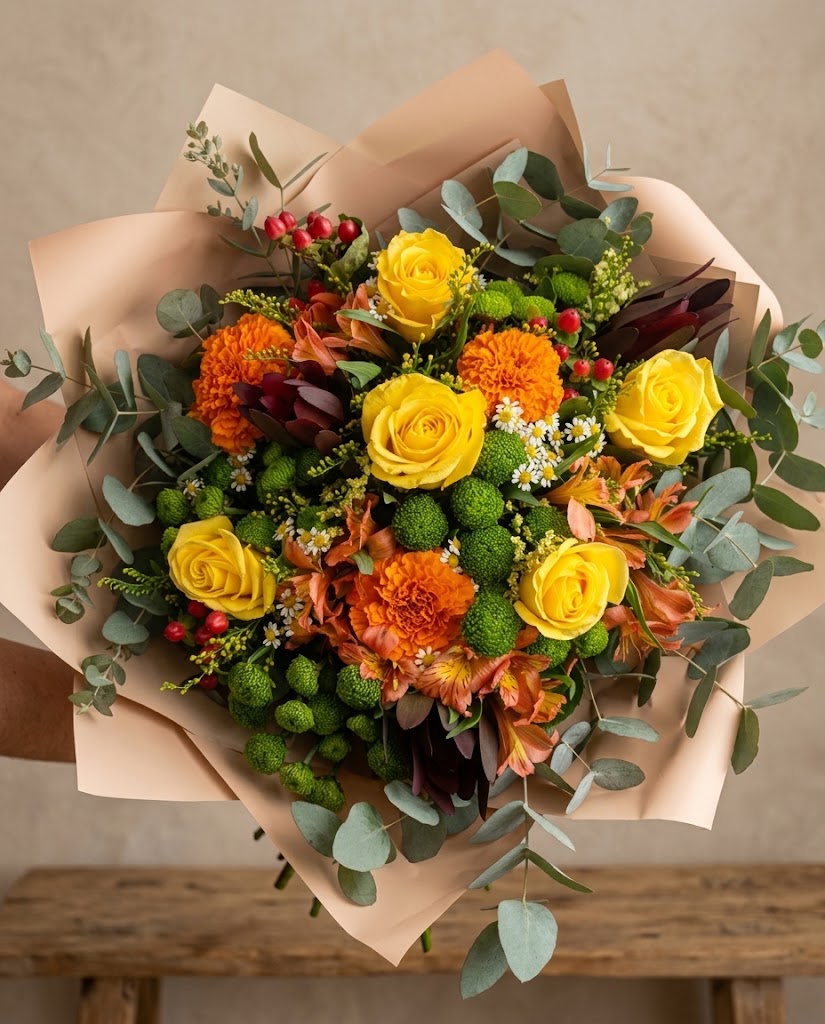 Ramo grande de flores naranjas y amarillas con rosas, brócoli verde, eucalipto y papel beige.