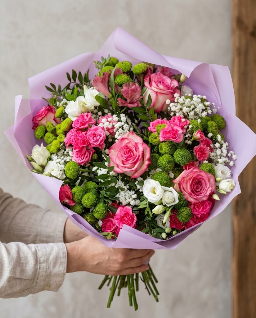 Ramo de flores rosas y blancas con verdes, envuelto en papel lila, sostenido por una persona.
