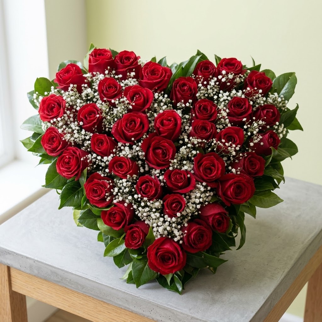 Corazon de 35 rosas rojas con pequeñas flores blancas sobre una mesa de concreto y madera.