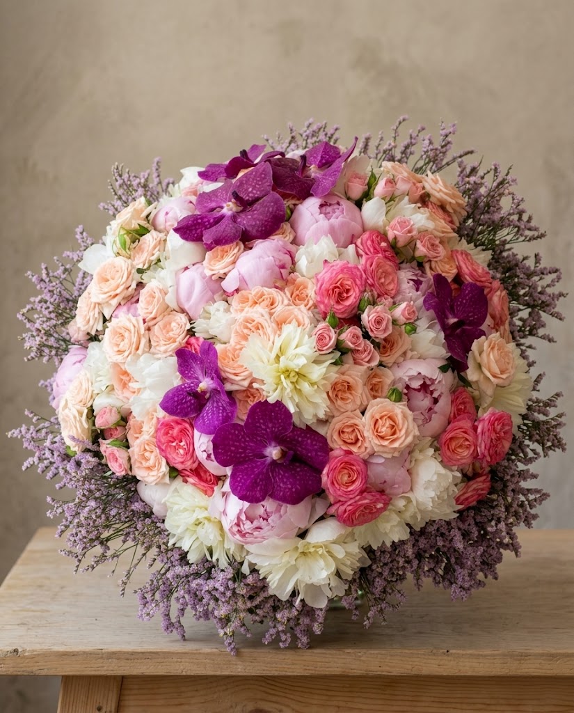 Ramo grande de flores pastel con orquídeas moradas, rosas y lavanda sobre mesa de madera.