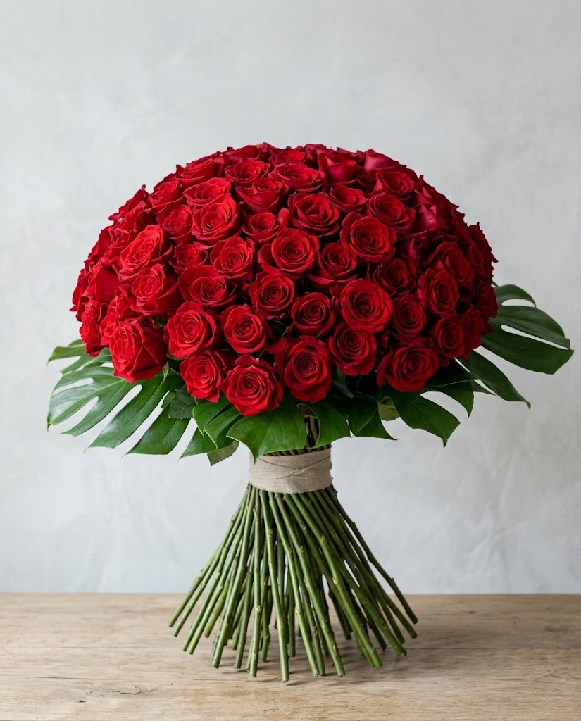 Ramo redondo de rosas rojas con hojas verdes, atado con cinta, sobre fondo claro.