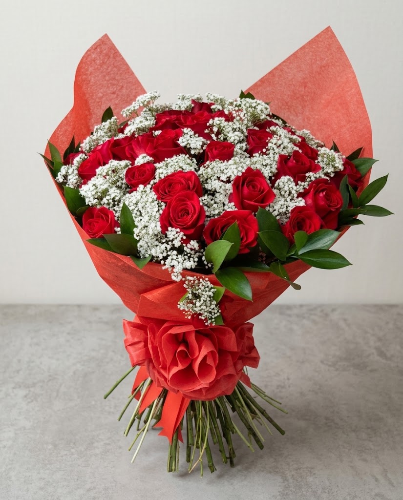 Ramo de rosas rojas con flores blancas y hojas verdes, envuelto en papel rojo, sobre fondo claro.