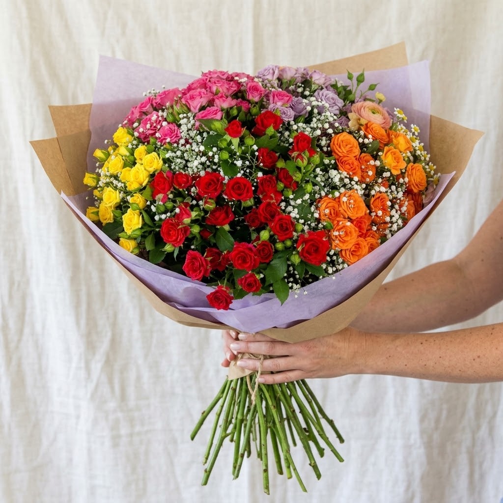 Ramo grande de rosas rojas, amarillas y naranjas con flores blancas, sostenido por manos. Fondo claro.
