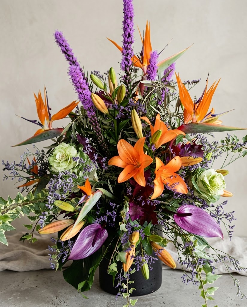 Ramo floral colorido con lirios naranjas, flores moradas y verdes, en jarrón negro sobre fondo claro.