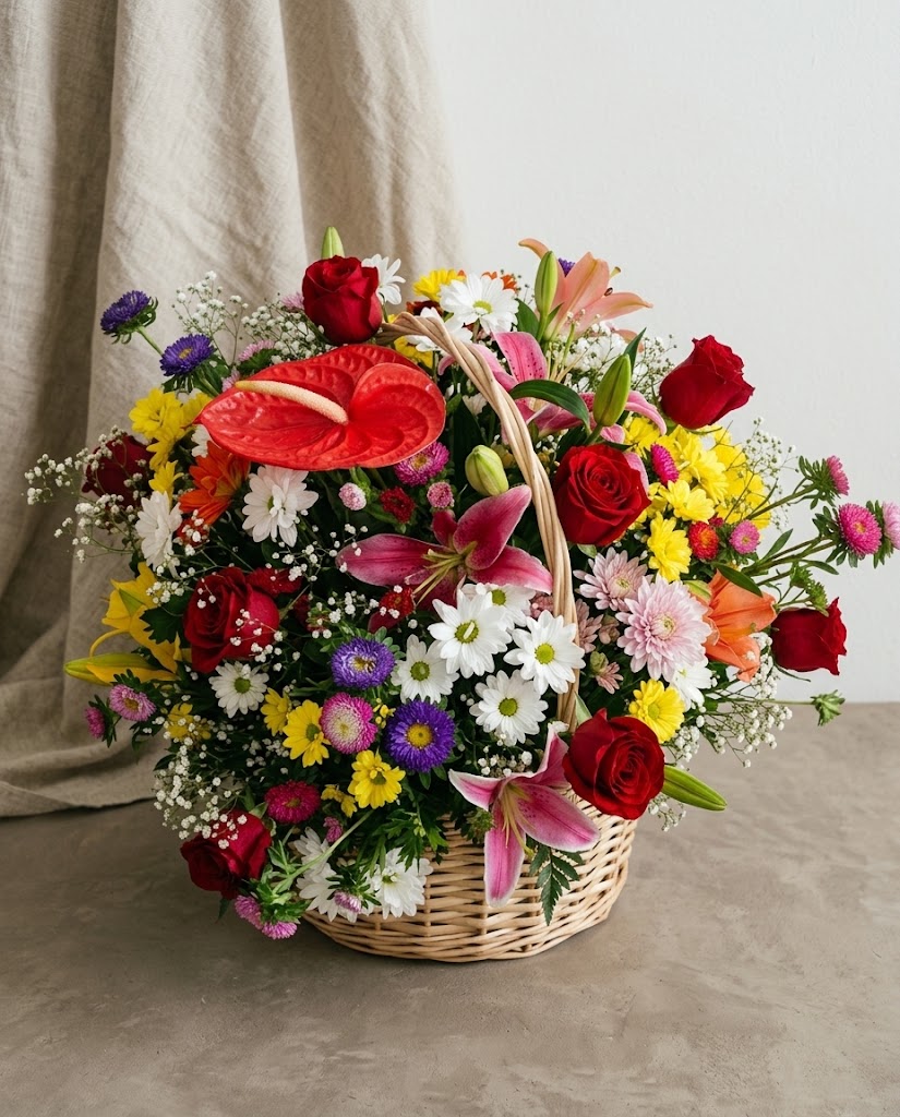 Cesta de mimbre con flores rojas, amarillas y blancas, lirios rosados y margaritas sobre fondo claro.