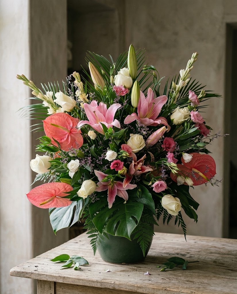 Ramo floral multicolor en jarrón verde sobre mesa de madera, con lirios, rosas y hojas tropicales.