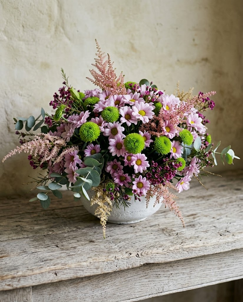 Ramo floral en tonos lila y rosa con margaritas, flores verdes y pequeñas ramitas sobre mesa de madera.