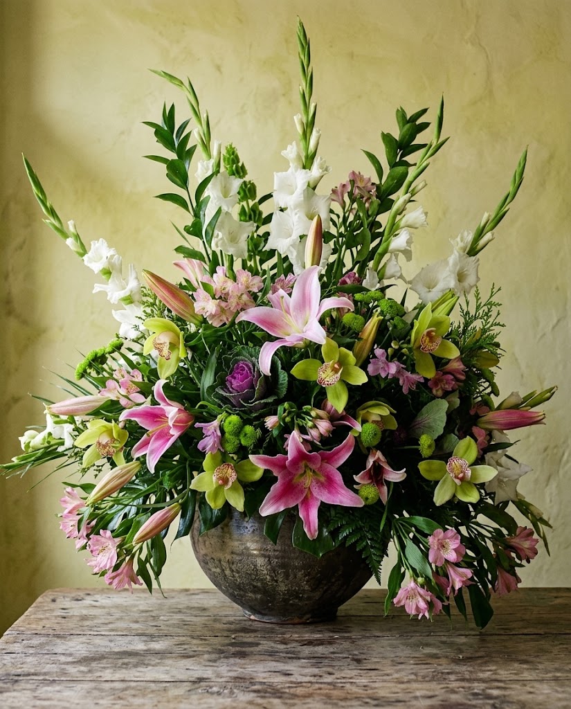 Arreglo floral colorido con lirios rosados, flores blancas y verdes en un jarrón de cerámica gris.