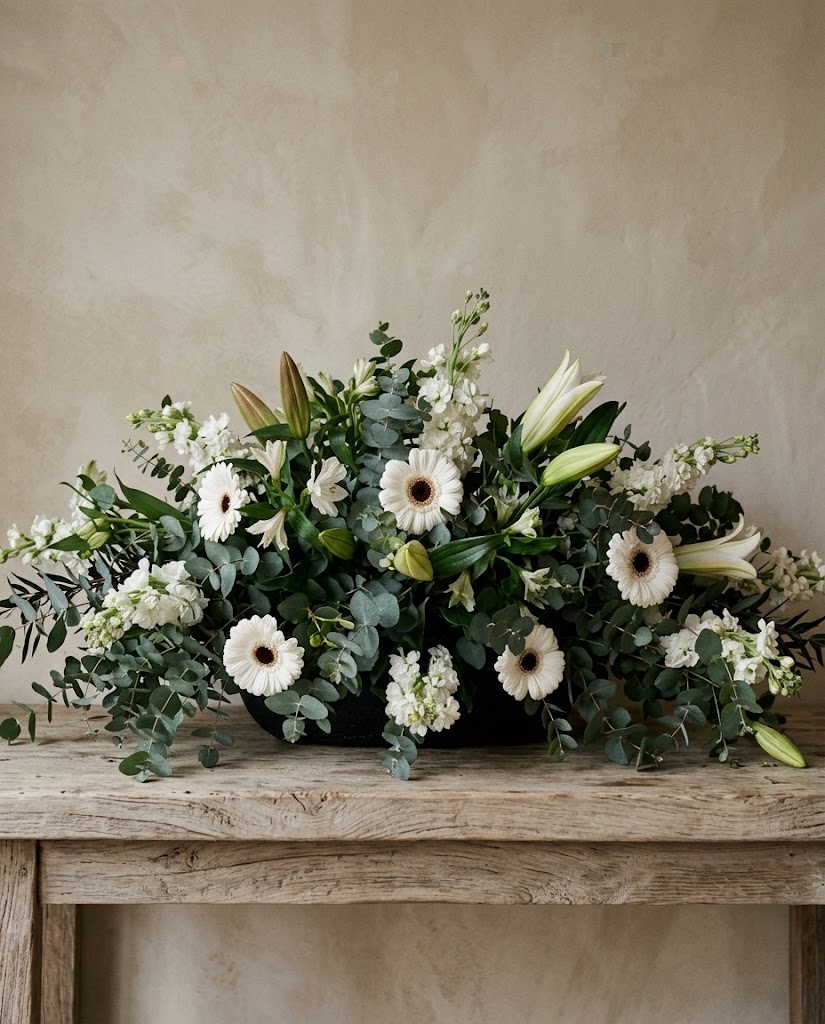 Arreglo floral blanco y verde con gerberas, lirios y eucalipto sobre mesa de madera rústica.