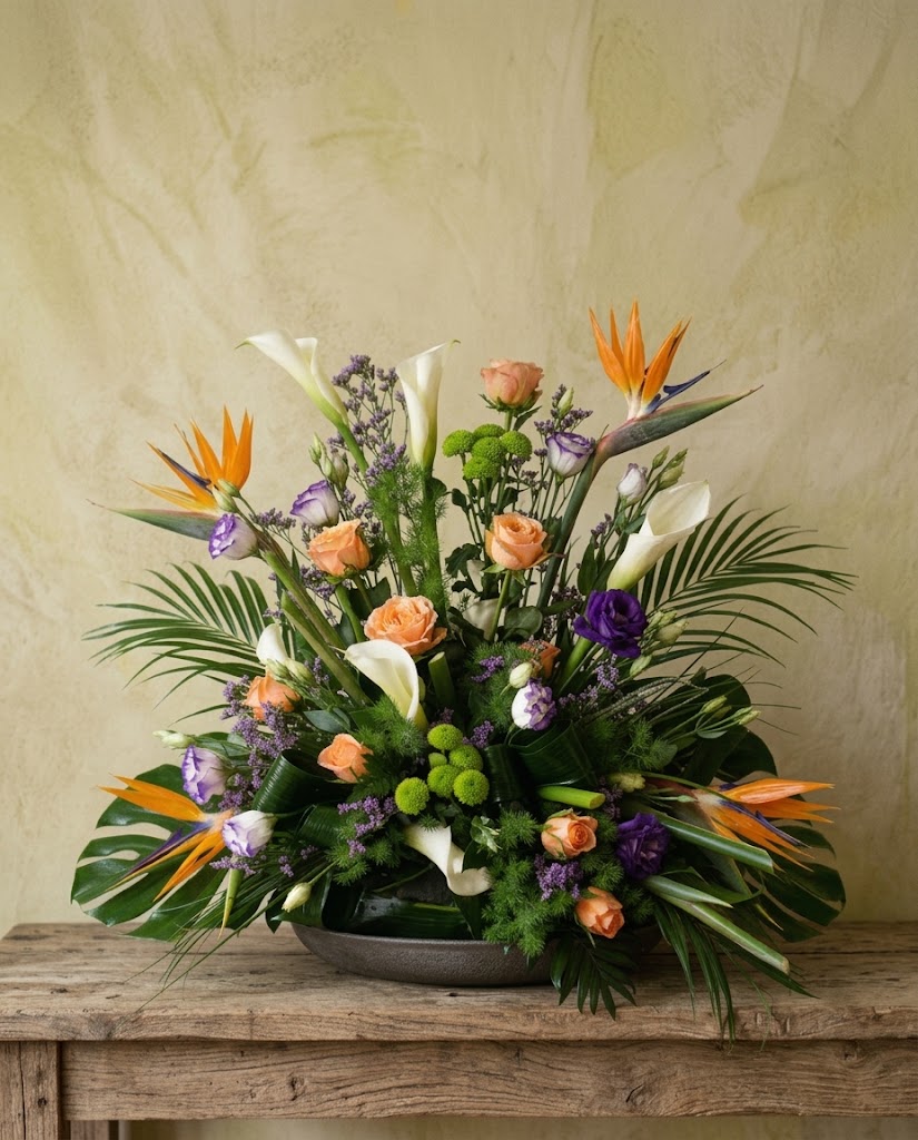 Arreglo floral colorido en cuenco oscuro, con rosas, flores moradas, naranjas y hojas verdes sobre madera.
