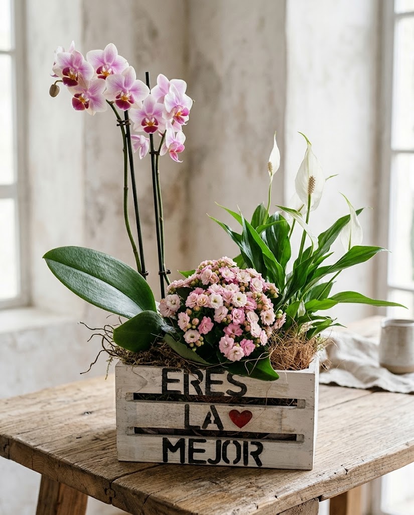 Arreglo floral en caja de madera con orquídeas rosadas, lirios blancos y flores pequeñas sobre mesa de madera.