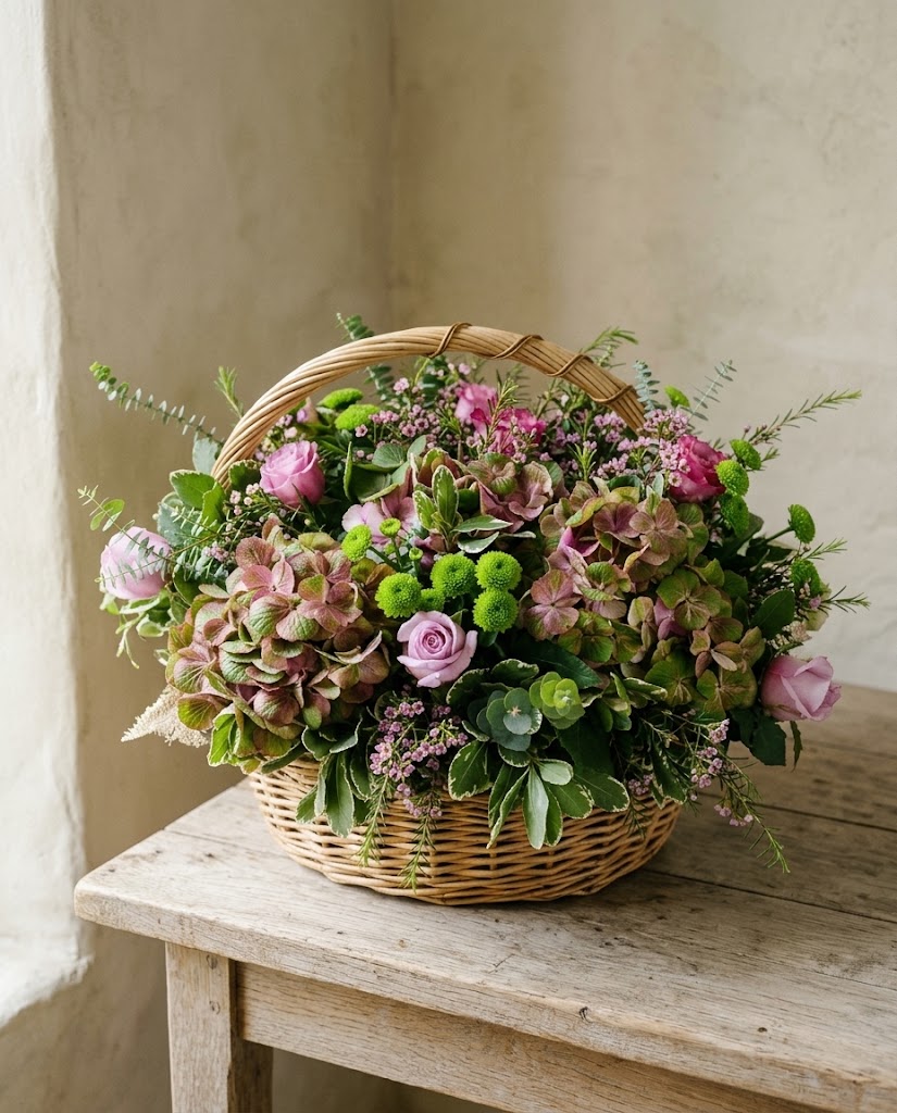 Arreglo floral en cesta de mimbre con rosas, hortensias, suculentas y flores silvestres sobre mesa de madera.