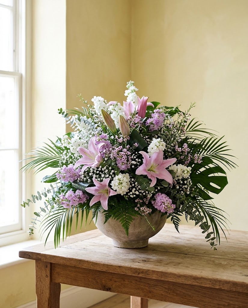 Arreglo floral en tonos lila y rosa con lirios blancos, follaje verde y jarrón de cerámica.