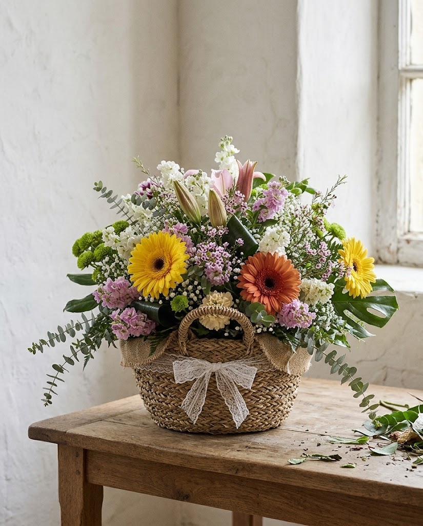 Ramo primaveral en cesta de mimbre con gerberas amarillas, flores moradas y blancas, sobre mesa de madera.