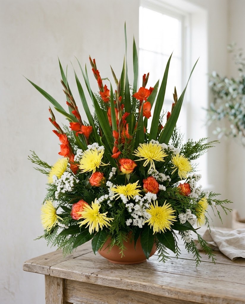Arreglo floral en maceta de barro con gladiolos naranjas, rosas, margaritas amarillas y flores blancas.